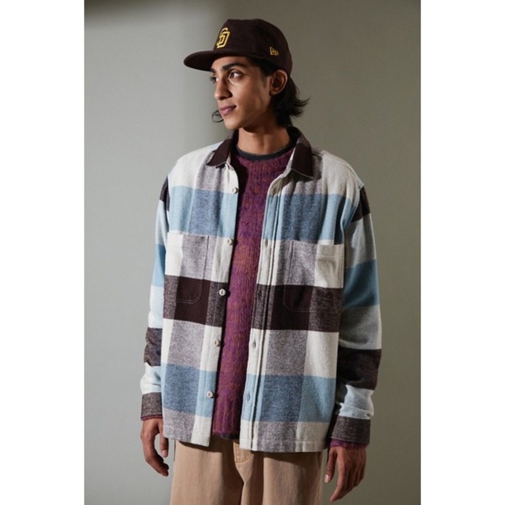 BDG Mens Blue Brown Cream Plaid Cotton Flannel Button Down Shirt Small
